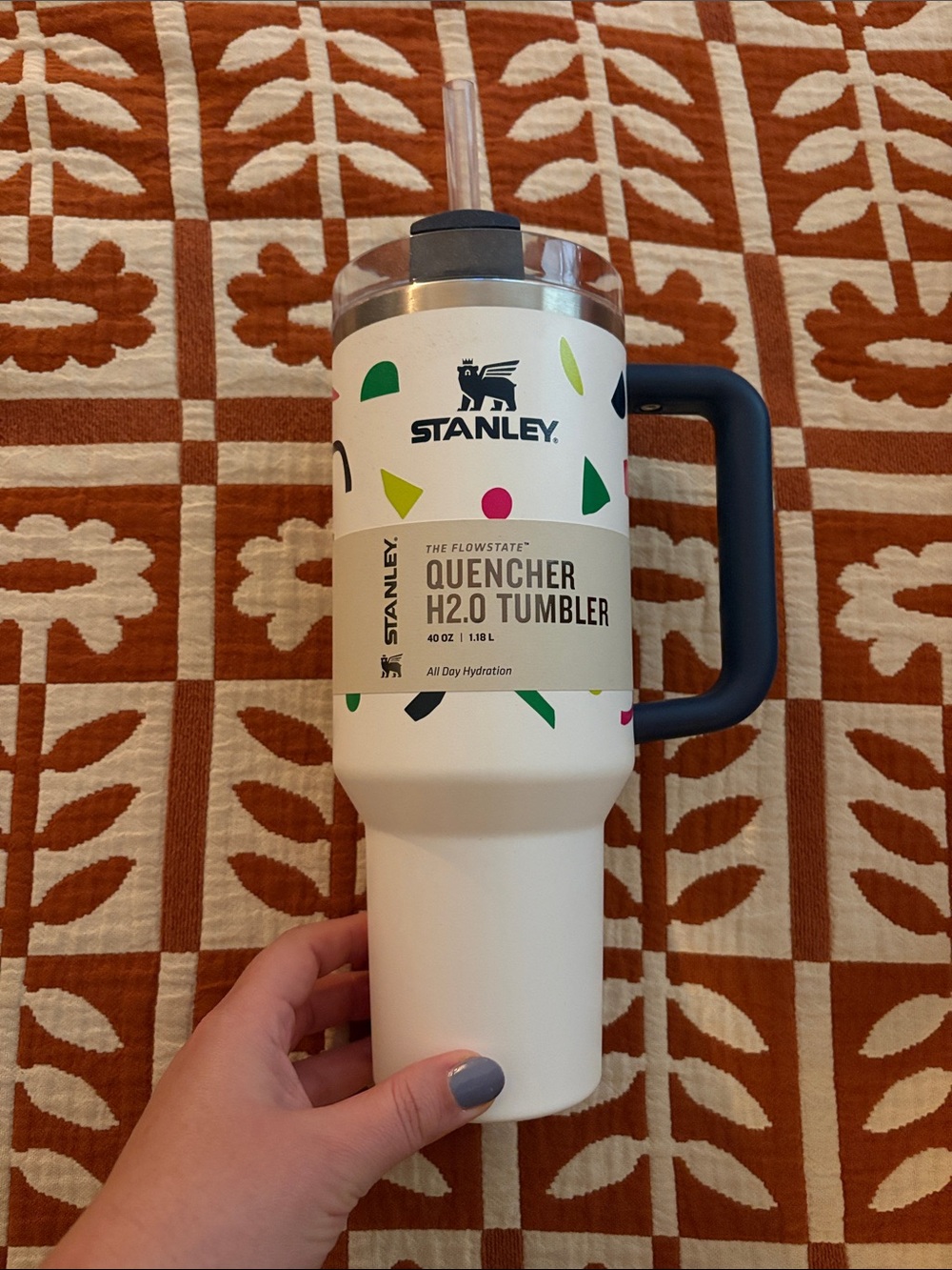 Stanley White Quencher Tumbler with Navy Handle and Confetti Accents